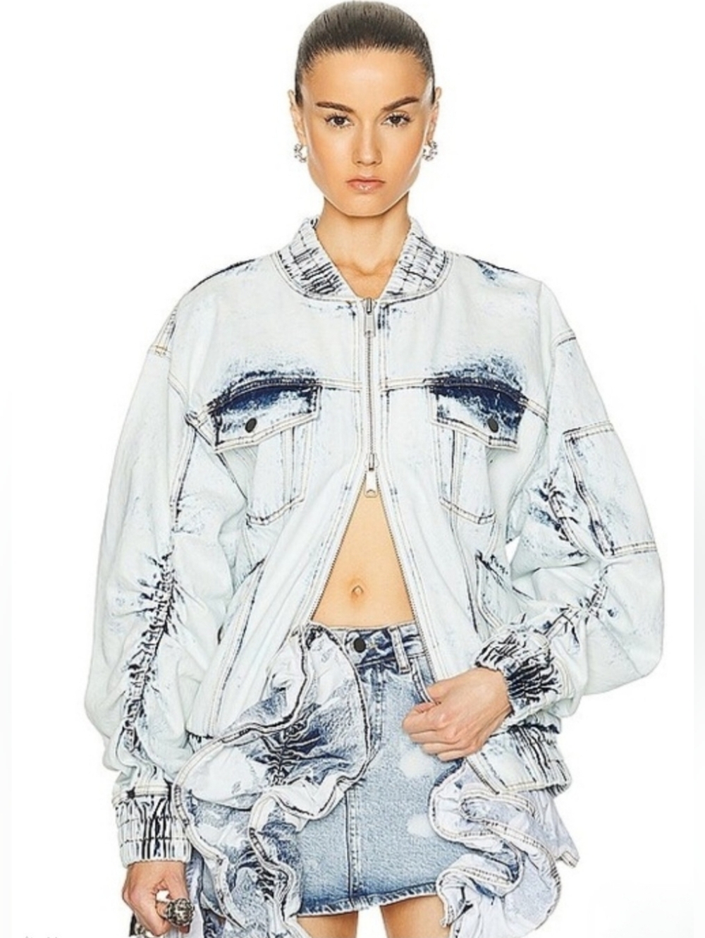 Aknvas White and Blue Washed Bomber Jacket